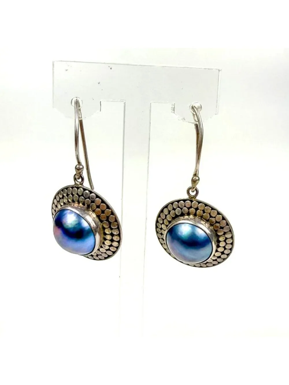 Sterling Silver Blue Pearl Round Fish Hook Dangle Textured Dotted Earrings